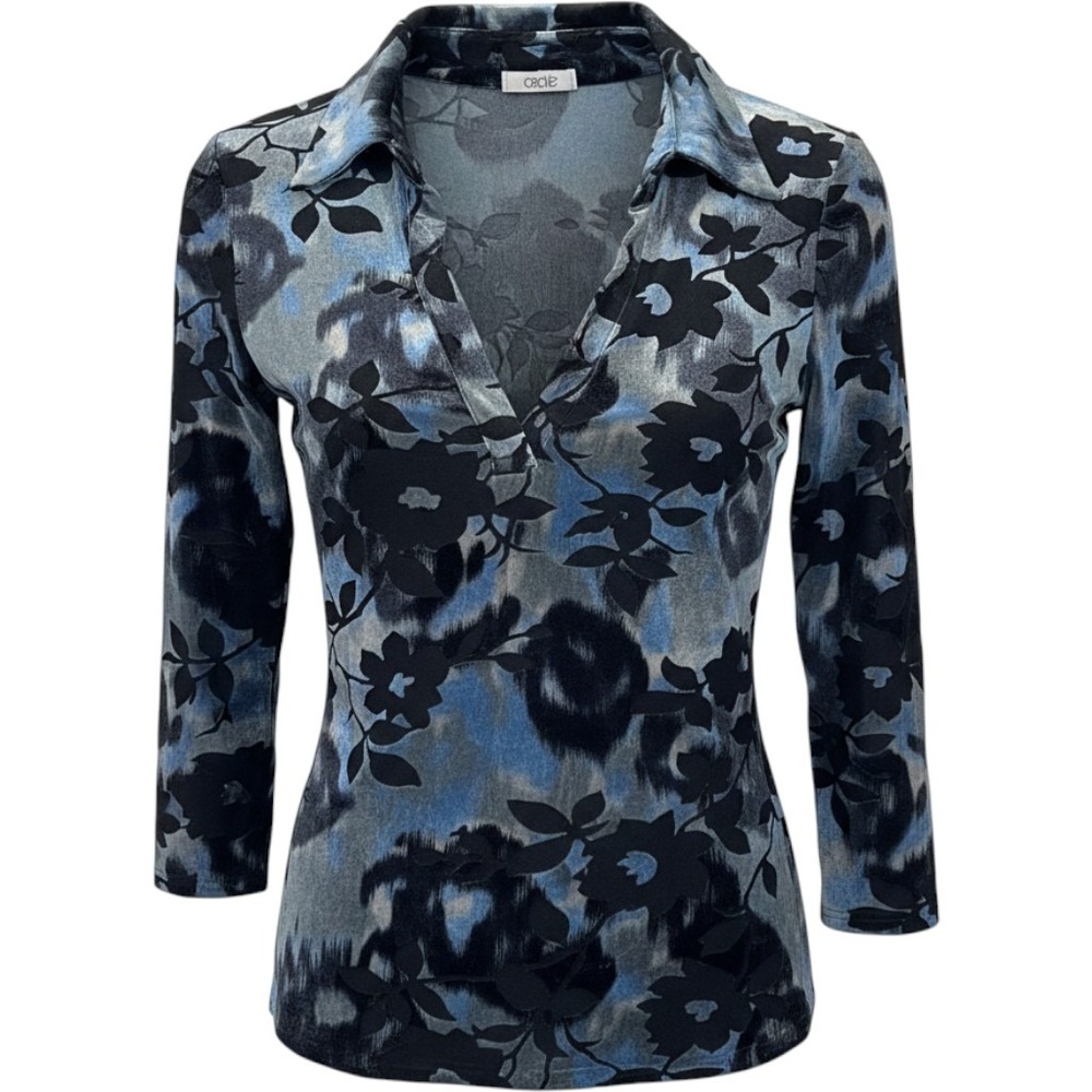 Cache Burnout Velvet Floral Top Medium Blue Black 3/4 Sleeve V-Neck 118001